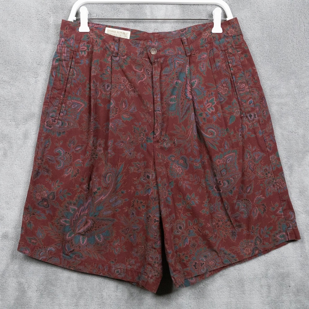 BANANA REPUBLIC Safari & Travel Co VTG 80s Paisley Pleated Shorts Maroon Mens 34